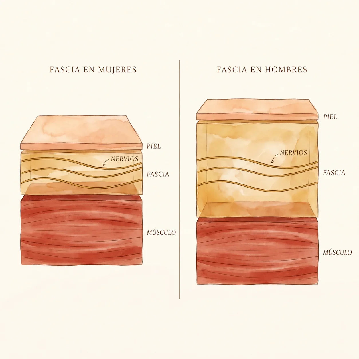 Esquema de las capas de la fascia en mujeres y hombres